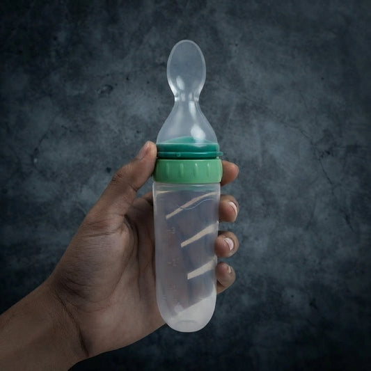 Imported Premium 90ml Baby Spoon Feeder – Full Soft Silicone Squeezy Training Bottle for Semi-Solid Food, Milk & Fruit Mash – Leakproof